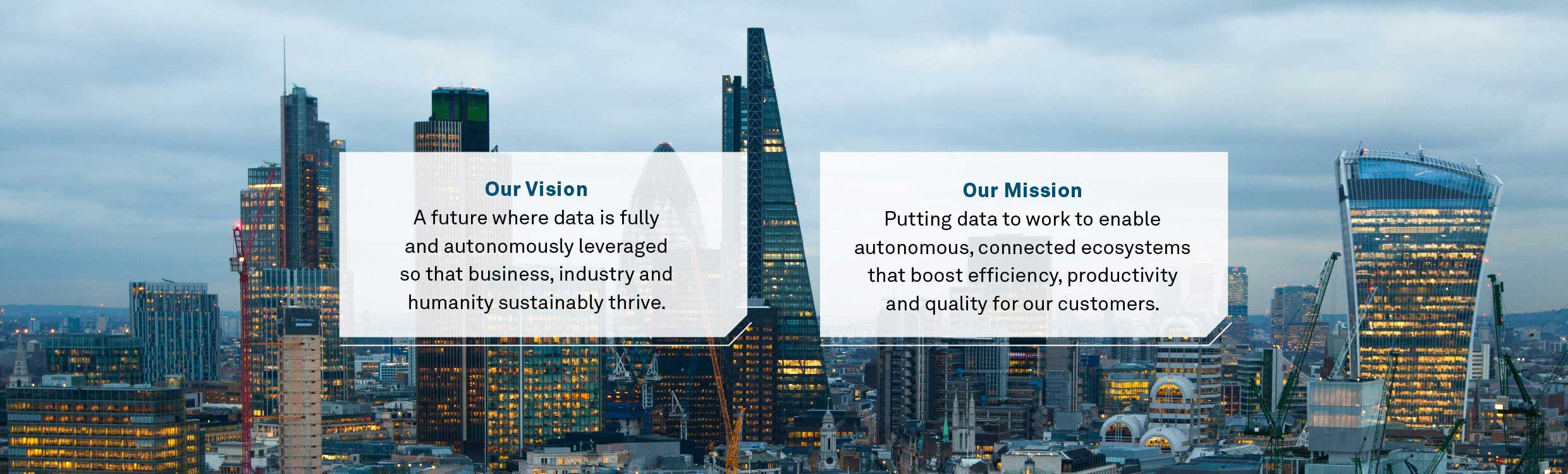 A city skyline with vision and mission statement