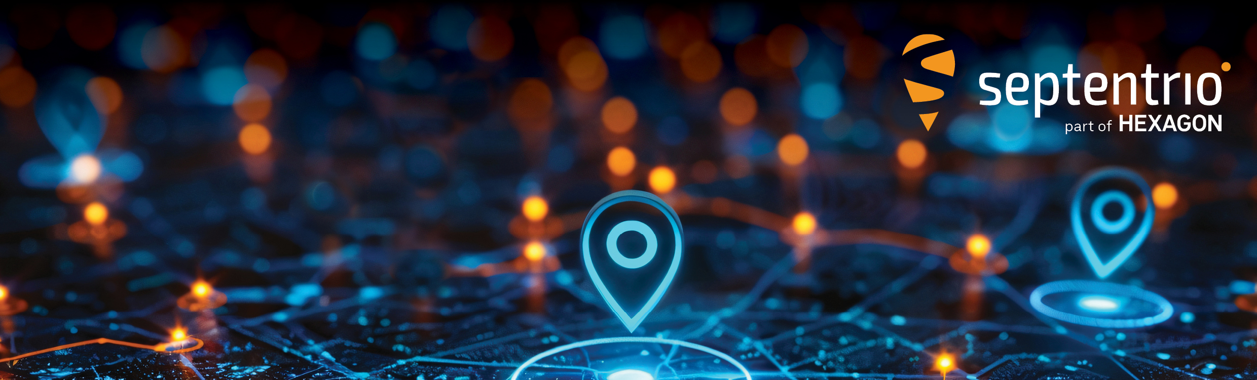 Blue location identifies with abstract network of blue lines and orange dots signifying the acquisition of Septentrio, part of Hexagon